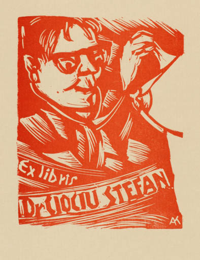 Exlibris by Kàroly Andrusko from Yugoslavia for Dr. Stefan Ciociu - Abstract Medicine Man Portrait 