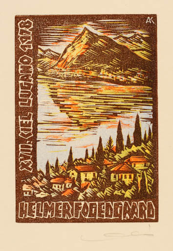 Exlibris by Kàroly Andrusko from Yugoslavia for Helmer Fogedgaard - Mountain City Scenery/Landscape 