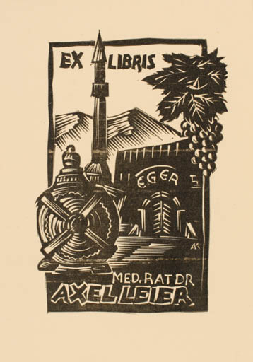 Exlibris by Kàroly Andrusko from Yugoslavia for Dr. Axel Leier - Mountain Scenery/Landscape Wine 