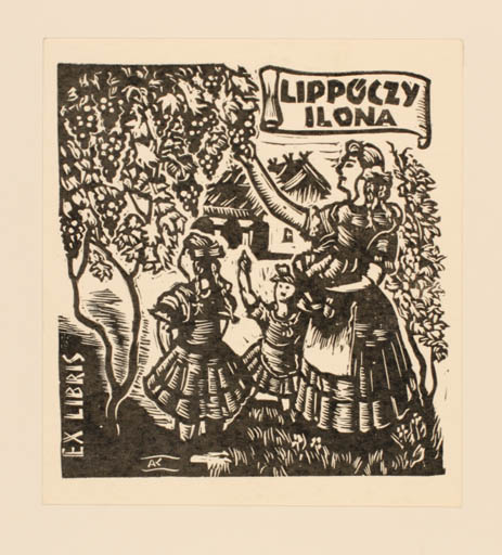 Exlibris by Kàroly Andrusko from Yugoslavia for Ilona Lippoczy - Child Woman Wine 