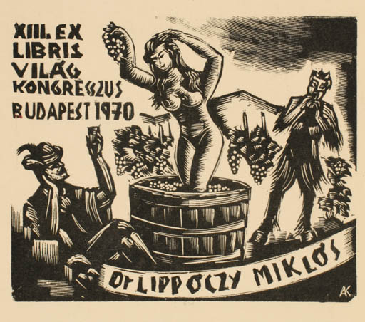 Exlibris by Kàroly Andrusko from Yugoslavia for Dr. Nicholas Lippoczy - Woman Man Nude Pan/Faun Wine 