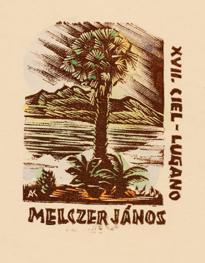 Exlibris by Kàroly Andrusko from Yugoslavia for Janos Melczer - Exlibris Congress Scenery/Landscape Palm tree 