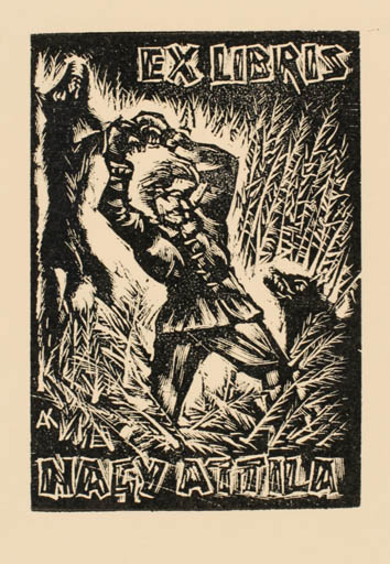 Exlibris by Kàroly Andrusko from Yugoslavia for Attlia Nagy - Fauna Flora Man 