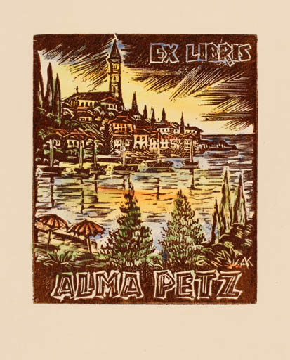 Exlibris by Kàroly Andrusko from Yugoslavia for Alma Petz - City Scenery/Landscape Maritime 