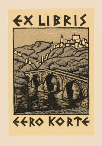 Exlibris by Vilho Askola from Finland for Eero Korte - Mountain City Scenery/Landscape 