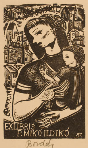 Exlibris by Ferenc Bordás from Hungary for P. Miko Ildiko - Child City Woman 