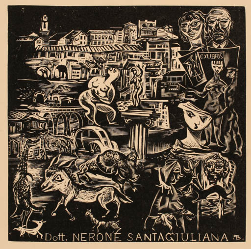 Exlibris by Ferenc Bordás from Hungary for Dr. Nerone Santagiuliana - 