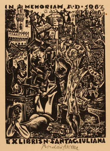 Exlibris by Ferenc Bordás from Hungary for Dr. Nerone Santagiuliana - City 