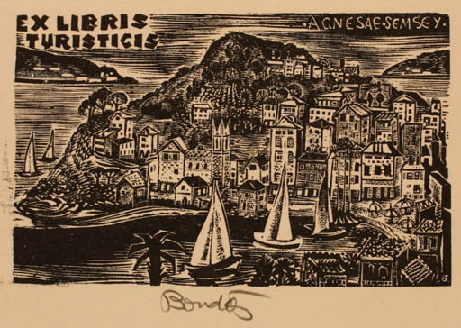 Exlibris by Ferenc Bordás from Hungary for Agnes Semsey - City Scenery/Landscape Ship/Boat 