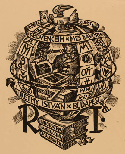 Exlibris by Istvàn Drahos from Hungary for Dr. Istvan Rethy - Book Man 