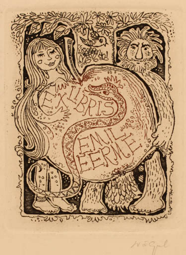 Exlibris by Silvi Väljal from Estonia for Emil Eerme - Adam and Eve 