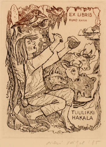 Exlibris by Silvi Väljal from Estonia for Tuulikki Hakala - Fauna Bird Man 