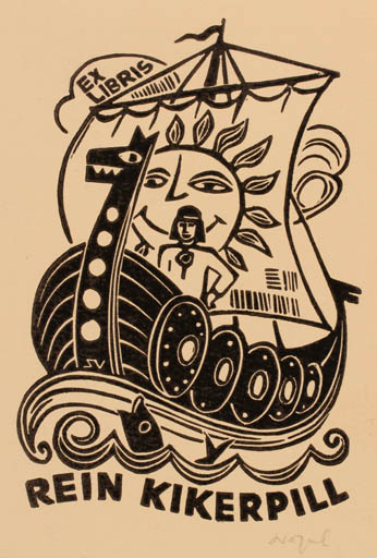 Exlibris by Silvi Väljal from Estonia for Rein Kikerpill - Maritime Ship/Boat Sun 