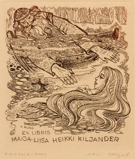 Exlibris by Silvi Väljal from Estonia for Maija Liisa + Heikki Kiljander - Mythology Ship/Boat 