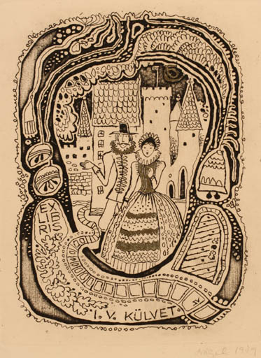 Exlibris by Silvi Väljal from Estonia for I. V. Külvet - Castle/Palace Fairytale/fable Couple 