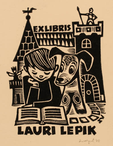 Exlibris by Silvi Väljal from Estonia for Lauri Lepik - Child Book Castle/Palace Dog 