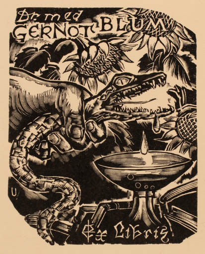 Exlibris by Peteris Upitis from Latvia for Dr. Gernot Blum - Fauna Hand(s) Medicine 