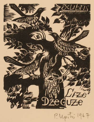 Exlibris by Peteris Upitis from Latvia for Lize Dzeguze - Bird Tree 