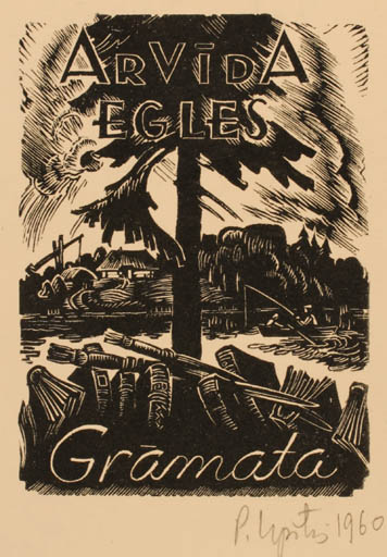 Exlibris by Peteris Upitis from Latvia for Arvida Egles - Book Scenery/Landscape Tree 