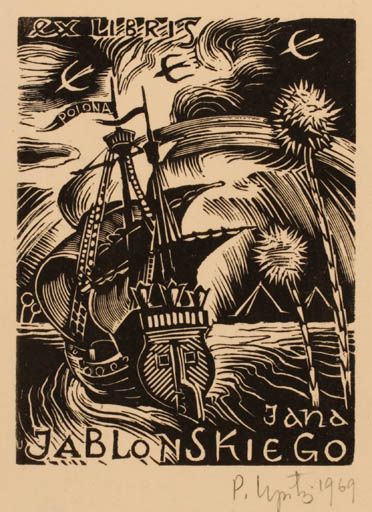 Exlibris by Peteris Upitis from Latvia for Jana Jablonski - Maritime Ship/Boat 