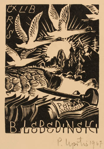 Exlibris by Peteris Upitis from Latvia for B. Lebedinski - Bird Art Scenery/Landscape 