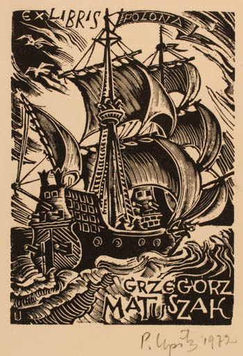 Exlibris by Peteris Upitis from Latvia for Grzegorz Matuszak - Maritime Ship/Boat 