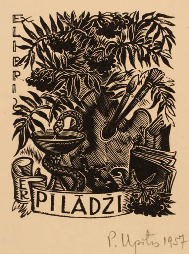 Exlibris by Peteris Upitis from Latvia for E. R. Piladzi - Flora Art Medicine 