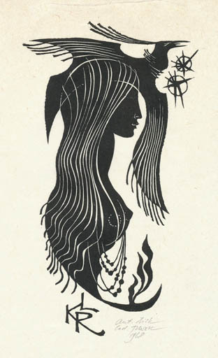 Exlibris by Ladislav Rusek from Czechoslovakia for Klaus Rödel - Bird Phoenix Woman 