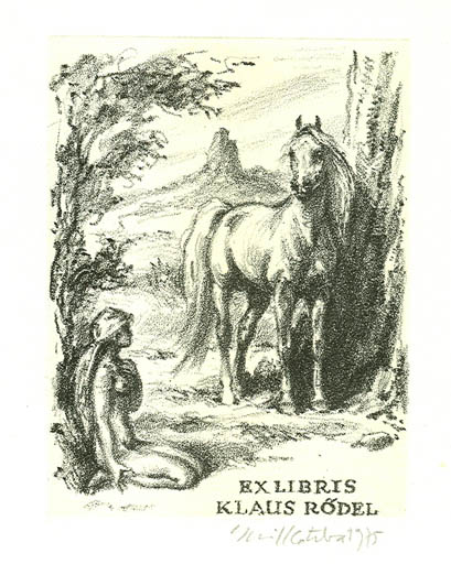 Exlibris by Emil Kotrba from Czechoslovakia for Klaus Rödel - Horse Woman Scenery/Landscape 