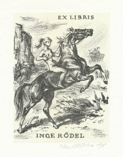 Exlibris by Emil Kotrba from Czechoslovakia for Inge Rödel - Horse Woman Horseman/Rider 