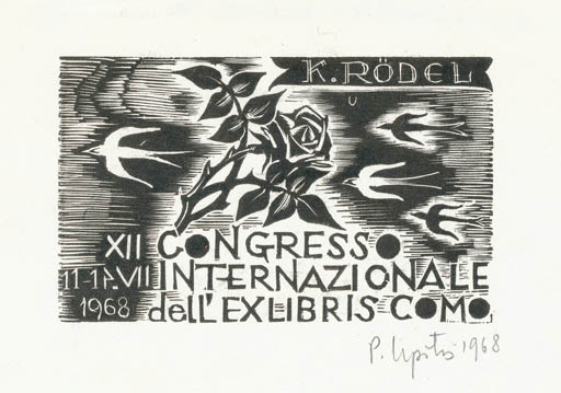 Exlibris by Peteris Upitis from Latvia for Klaus Rödel - Flower Fauna Flora Bird 