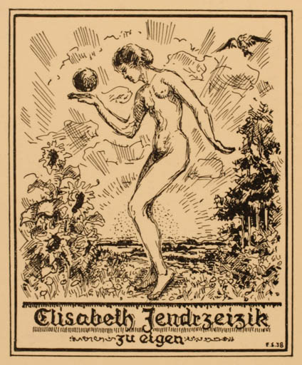 Exlibris by ? F.S from Unknown for Elisabeth Jendrzeizik - Woman Nude 