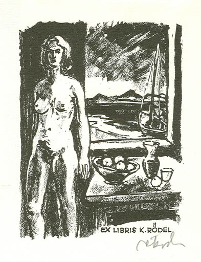 Exlibris by Rudolf Koch from Germany for Klaus Rödel - Interior Woman Maritime Nude Ship/Boat 