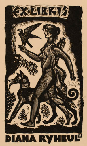 Exlibris by Vadim Antonovitsj Frolov from Russia for Diana Ryheul - Bird Dog Woman 