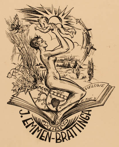 Exlibris by Leo Muyldermans from Belgium for J. Emmmen-Brattinga - Child Book Aircraft Woman Butterfly 