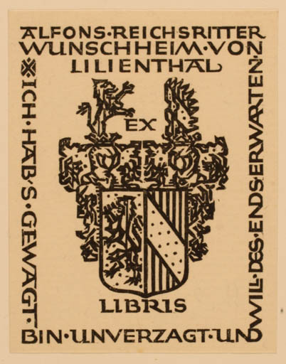 Exlibris by Elisabeth Schumacher from Hungary for Alfons von Wunschheim - Heraldry 