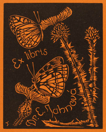 Exlibris by ? ? from Unknown for Dr. Erba Jahnova - Flora Butterfly 