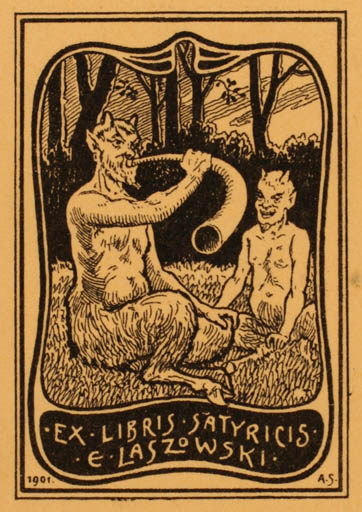 Exlibris by ? A.S. from Unknown for E. Laszowski - Fable Animal Pan/Faun 