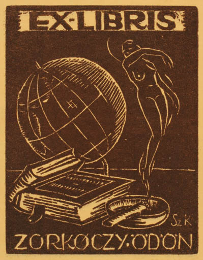 Exlibris by Kalman Gáborjáni Szabo from Hungary for Ödön Zorkoczy - Book Globe Woman Nude 