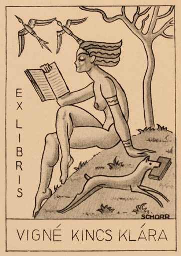 Exlibris by Tibor Schorr from Unknown for Klara Vigne Kincs - Book Dog Woman 