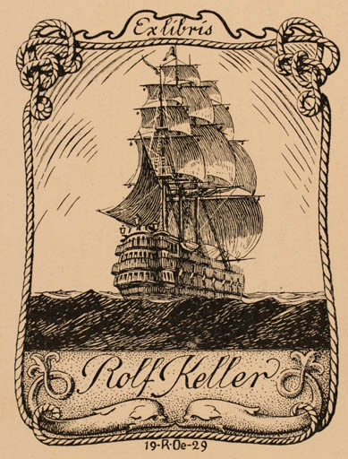 Exlibris by Rudolf Oeffinger from Schwitzerland for Rolf Keller - Ship/Boat 