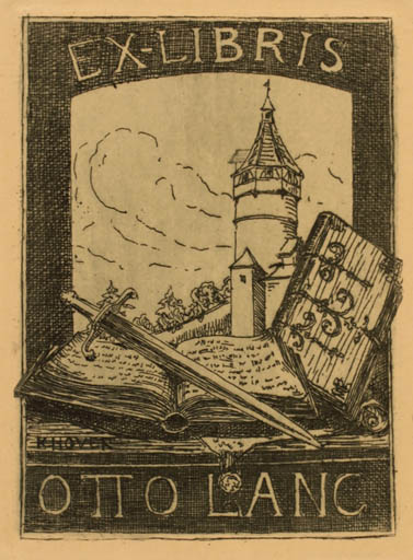 Exlibris by Karl Hover from Schwitzerland for Otto Lang - Book Castle/Palace Weapon 