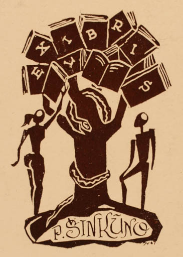 Exlibris by Vitautas Jakstas from Lithuania for P. Sinkuno - Adam and Eve 