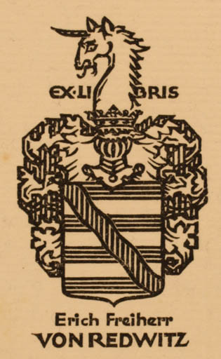 Exlibris by Elisabeth Schumacher from Germany for Erich Baron von Redwitz - Unicorn Heraldry 