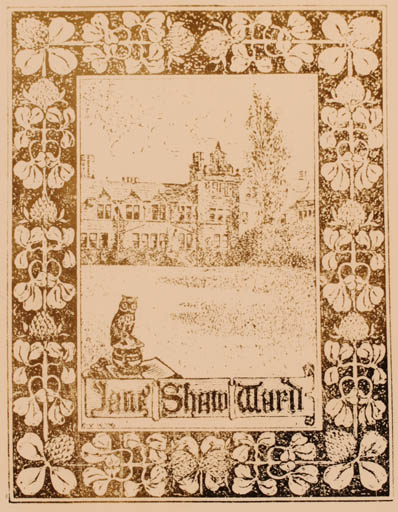 Exlibris by C Valentine- Kirby from Unknown for Jane Shaw Ward - Castle/Palace Owl 
