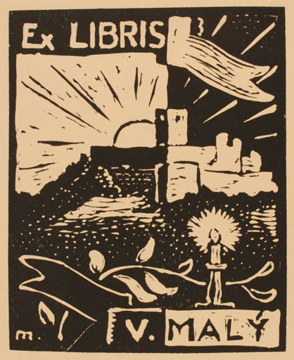 Exlibris by Frantisek Michl from Czechoslovakia for V. Maly - Ruin Sun 